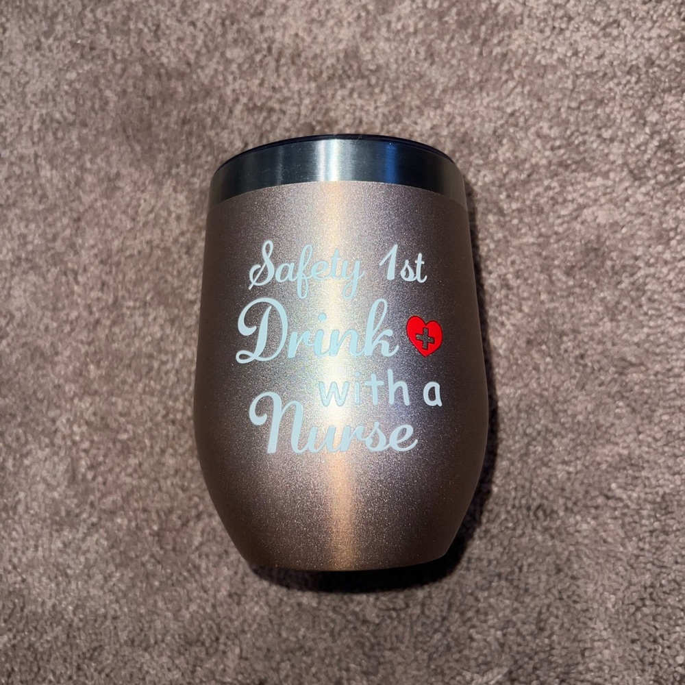 Brown Insulated stemless wine tumbler with Nurse Design